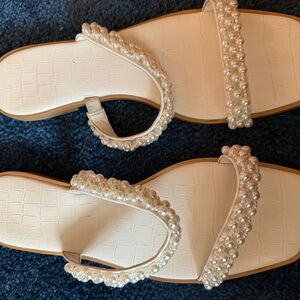 Elegant Pearl-Embellished White Sandals